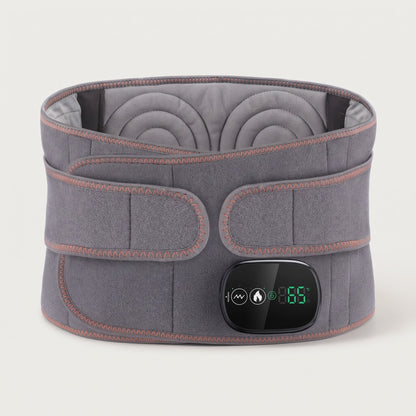 Grey neoprene heating and vibration back belt with its digital display, on a pale studio background