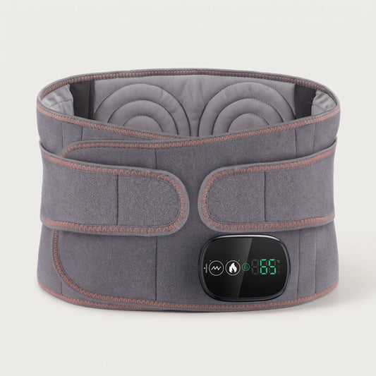 Grey neoprene heating and vibration back belt with its digital display, on a pale studio background