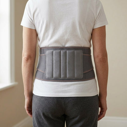 Woman seen from behind wearing the heating back belt around her lower back