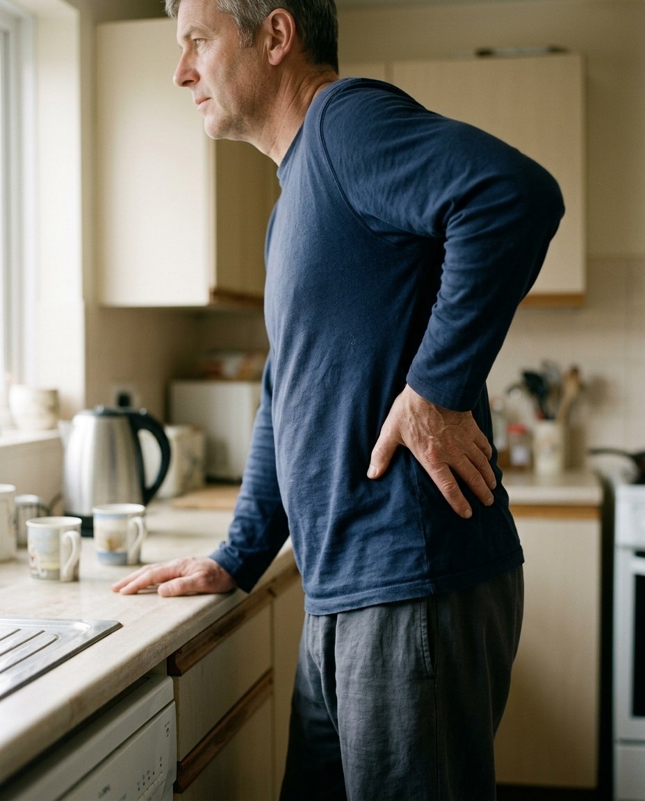 Man in a kitchen resting a hand on his lower back after standing up