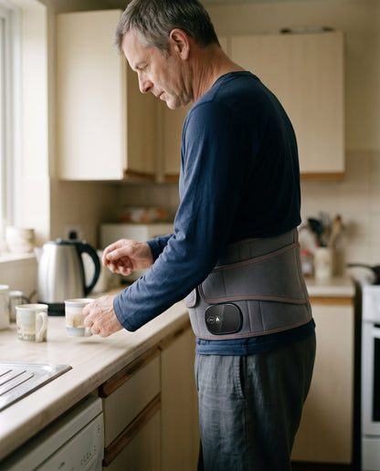 Man making tea in a kitchen while wearing the heating back belt