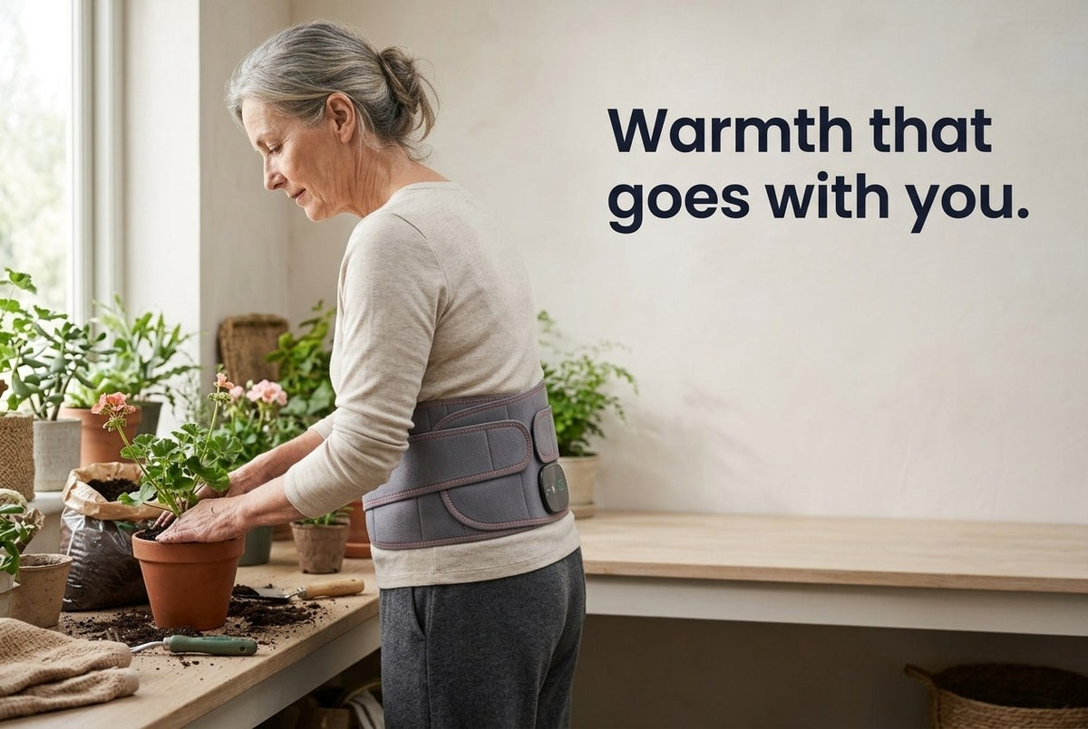 Woman potting a plant at a bench while wearing the heating back belt