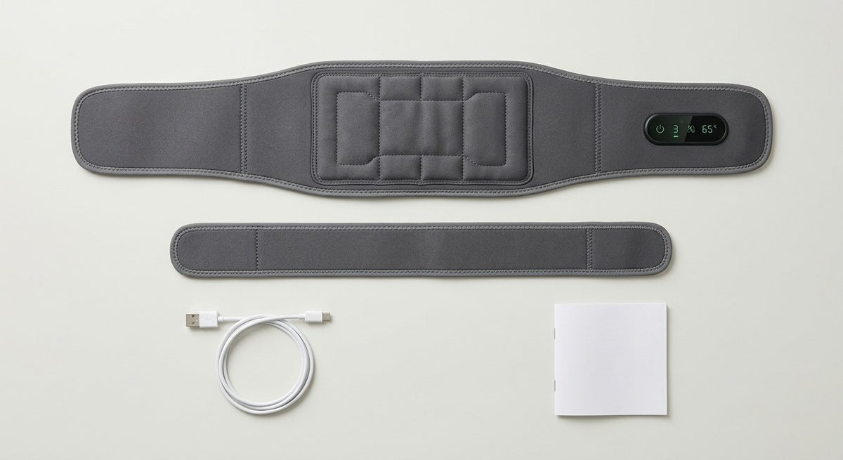 Flat lay of the back belt, its extension strap, USB cable and user manual