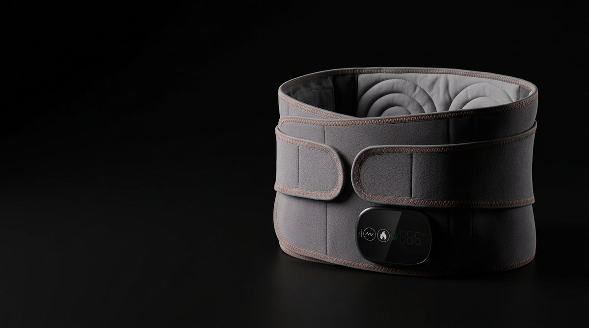 The heating back belt lit against a black background