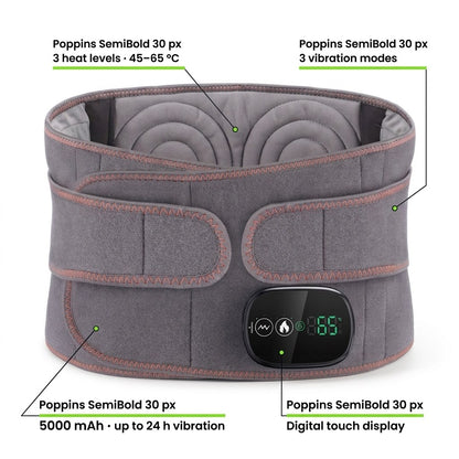 The heating back belt with its heat, vibration, display and battery features called out