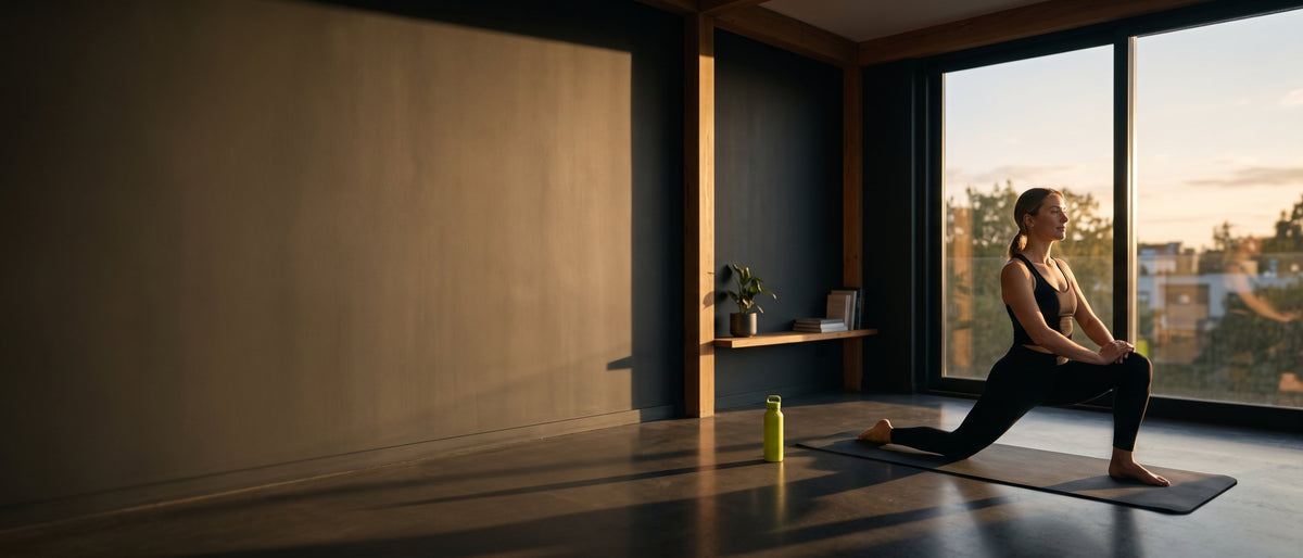 Woman stretching on a yoga mat in a calm room at golden hour