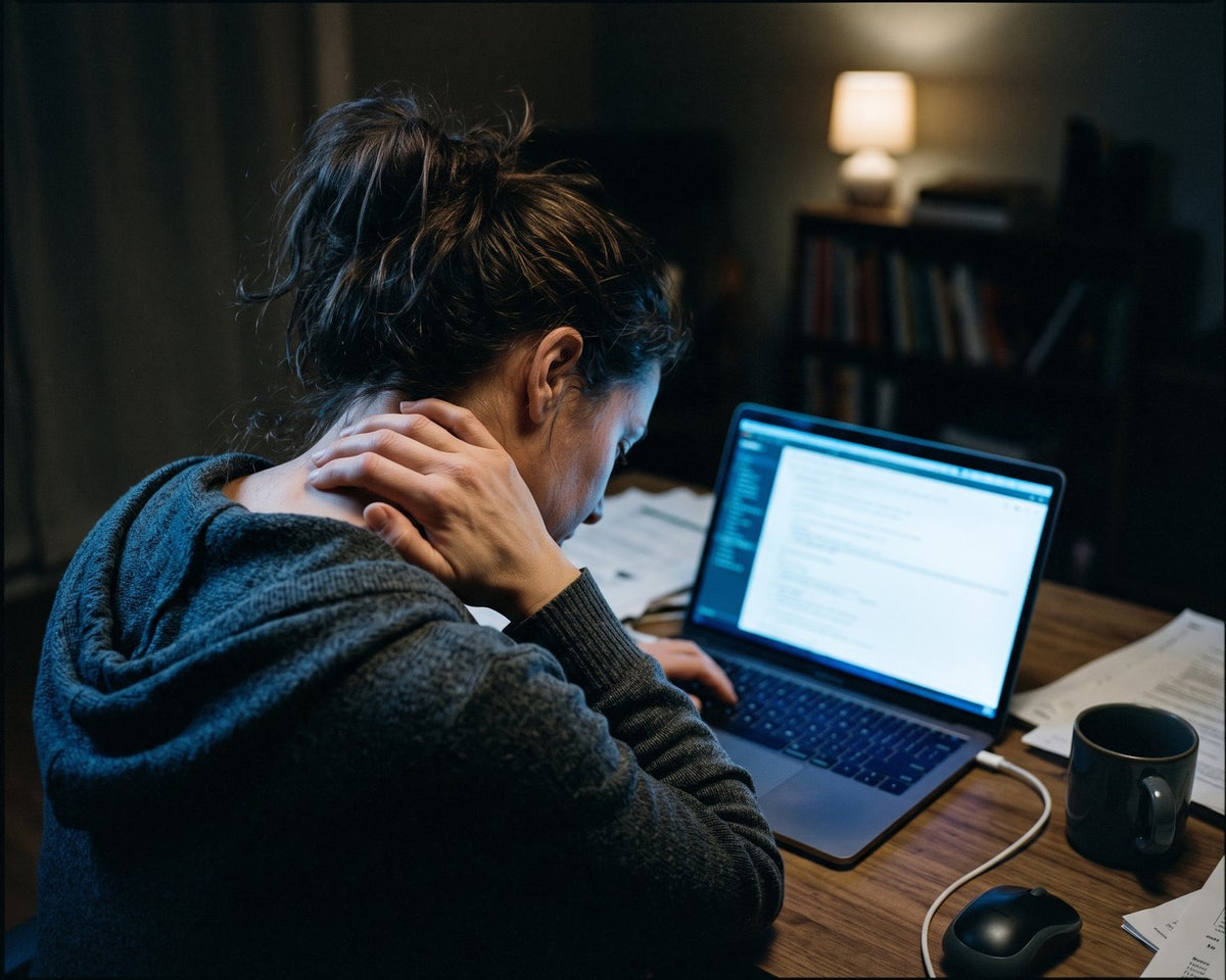 Person at a laptop late at night holding the back of their neck