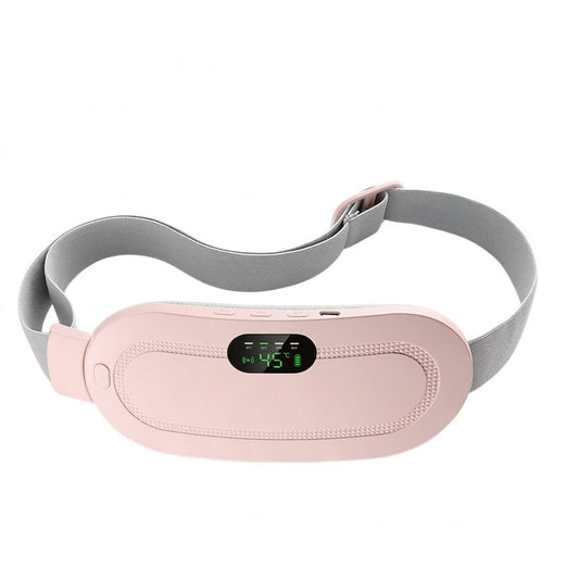 Pink USB heating belt with its grey adjustable strap, on a pale studio background