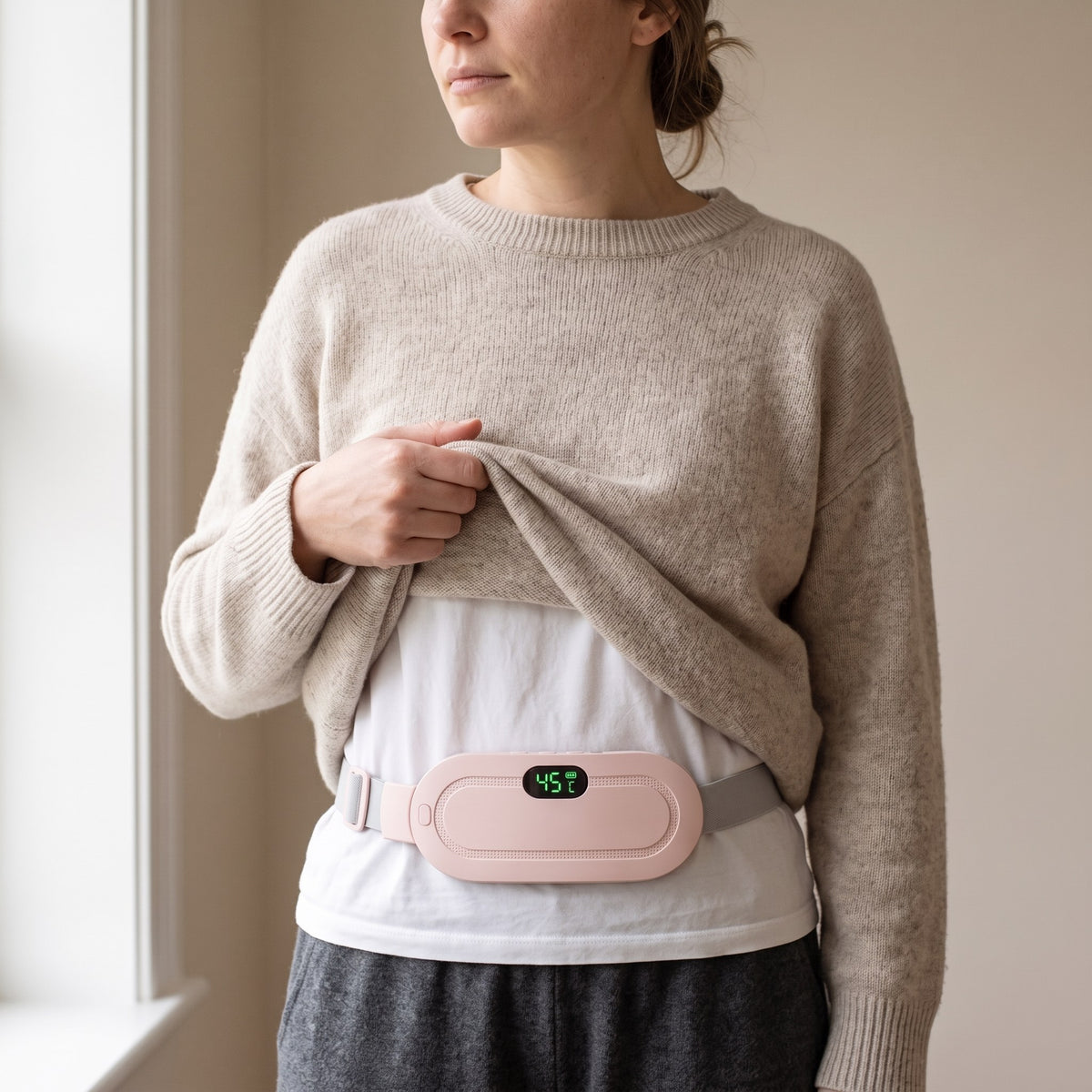 Woman lifting her jumper hem to show the heating belt worn around her waist