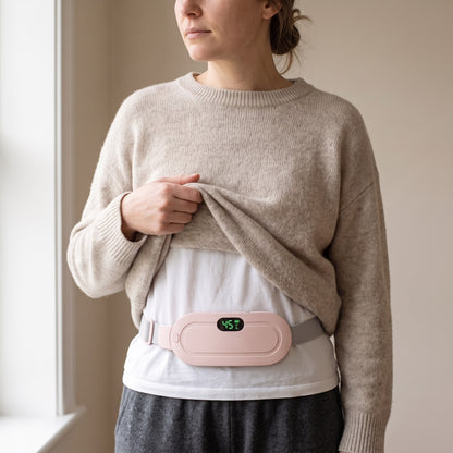 Woman lifting her jumper hem to show the heating belt worn around her waist