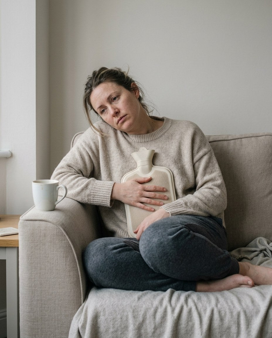 Woman curled on a sofa holding a hot water bottle against her lower abdomen