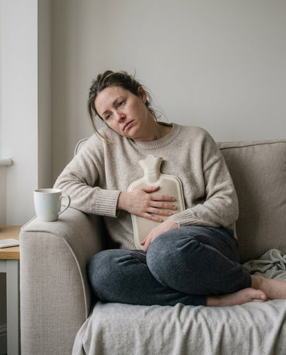 Woman curled on a sofa holding a hot water bottle against her lower abdomen
