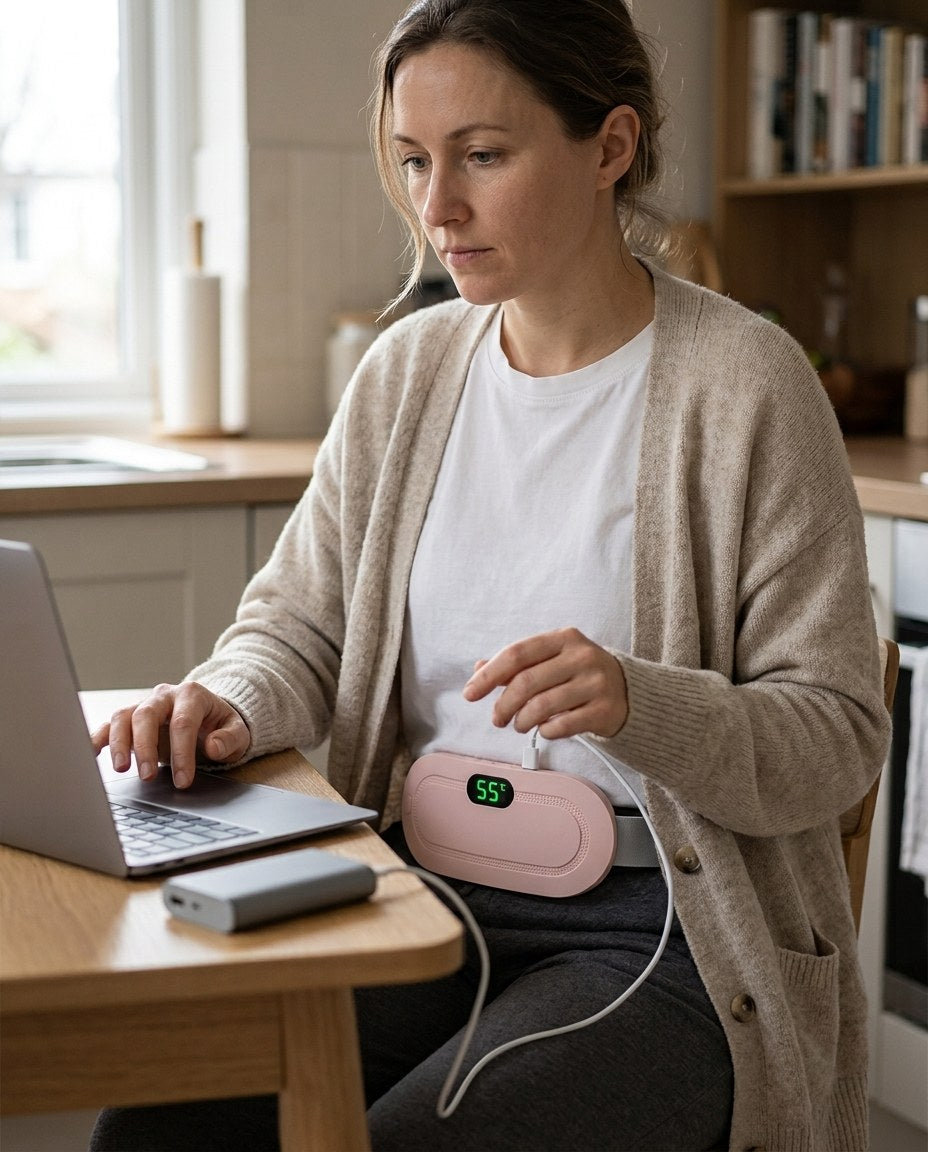 Woman working at a laptop wearing the heating belt, powered from a small power bank