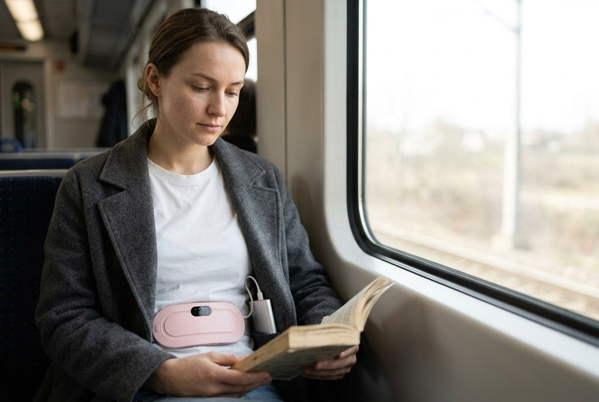 Woman reading by a train window wearing the heating belt under an open coat