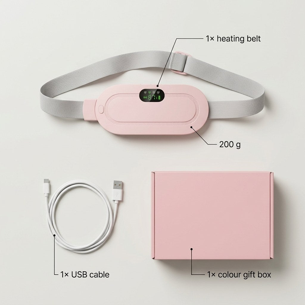 Flat lay of the heating belt, USB cable and gift box, labelled with the pack contents