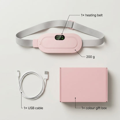 Flat lay of the heating belt, USB cable and gift box, labelled with the pack contents