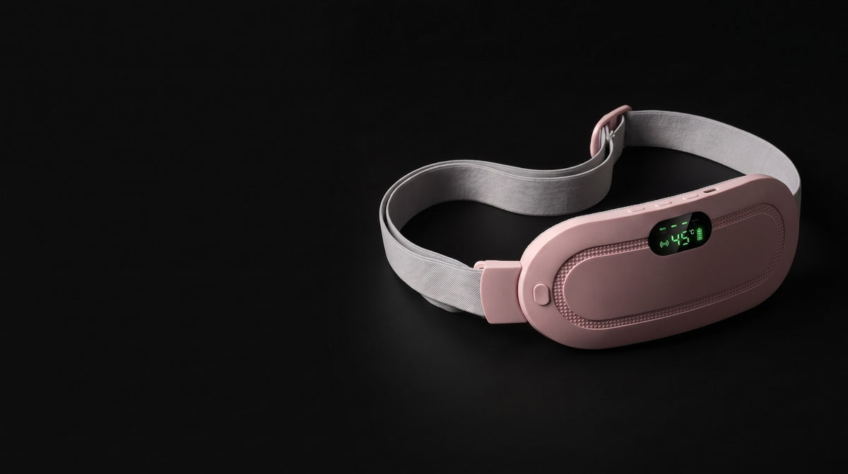 The pink USB heating belt lit against a black background
