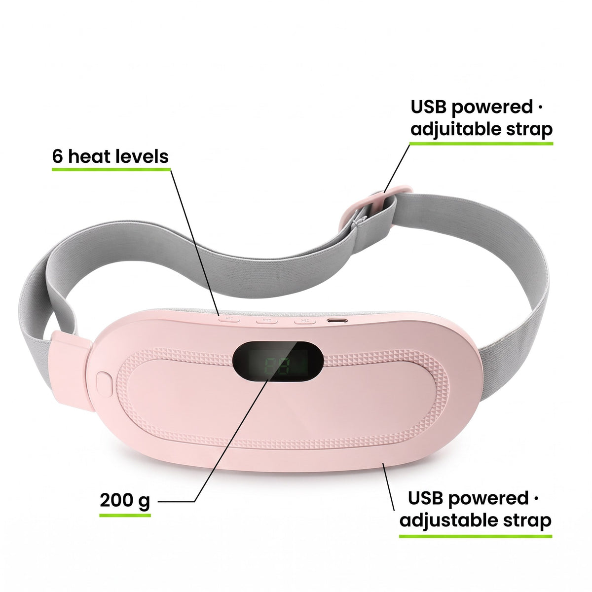 The USB heating belt with its heat levels, weight and adjustable strap called out