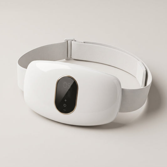 White cordless waist massager on its wide elastic strap, on a pale studio background