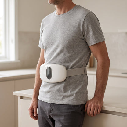Man standing in a kitchen wearing the white waist massager around his waist