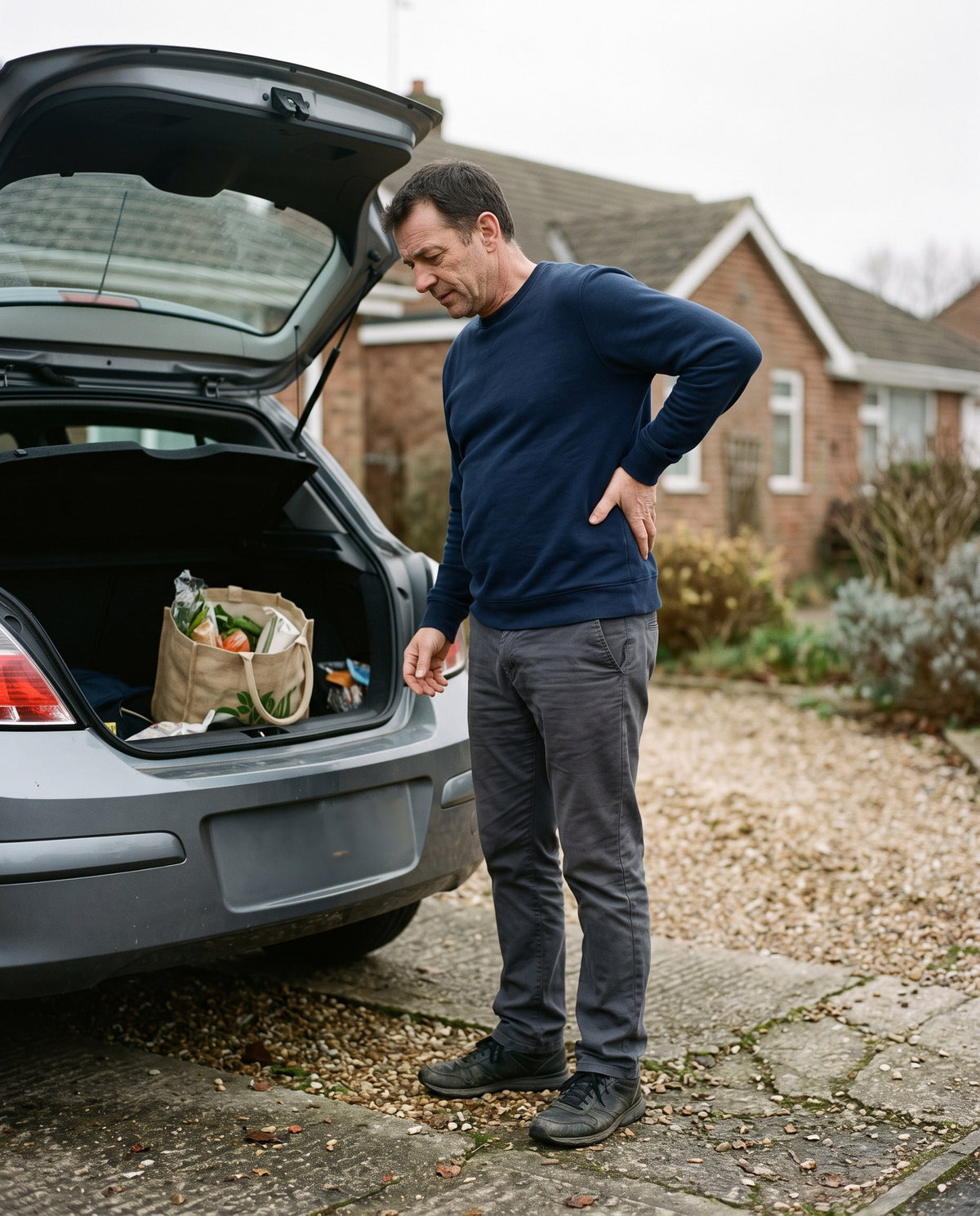 Man resting a hand on his lower back beside an open car boot