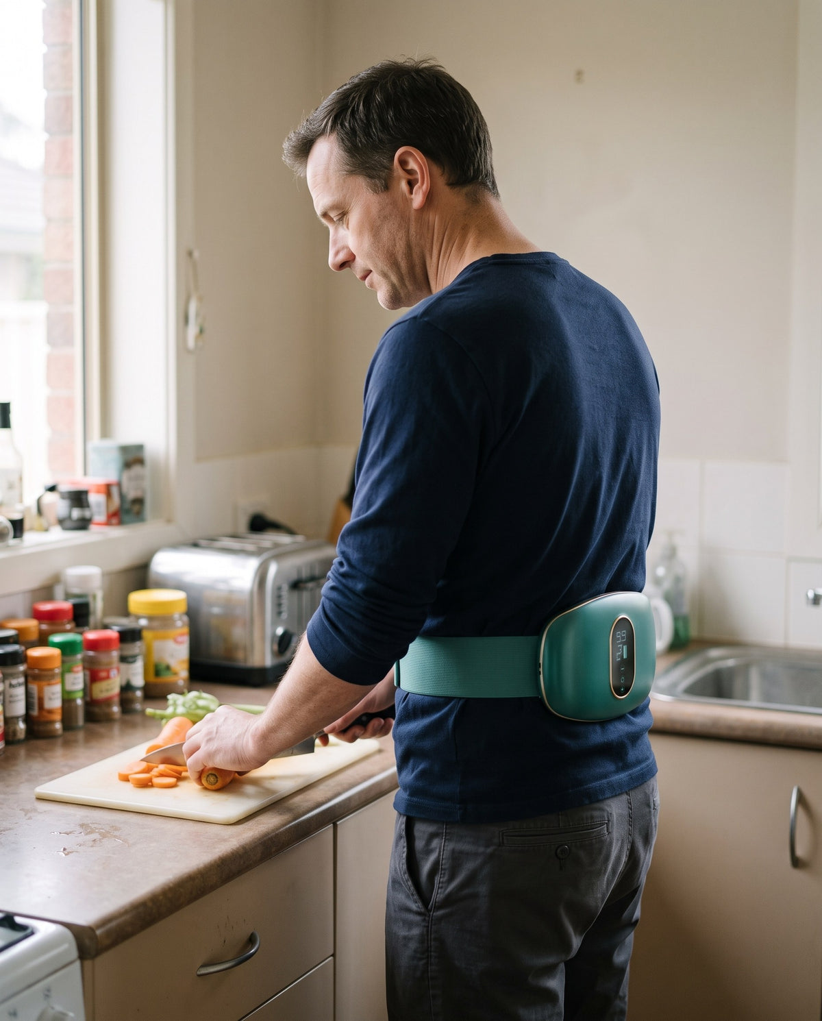 Man chopping vegetables in a kitchen while wearing the waist massager