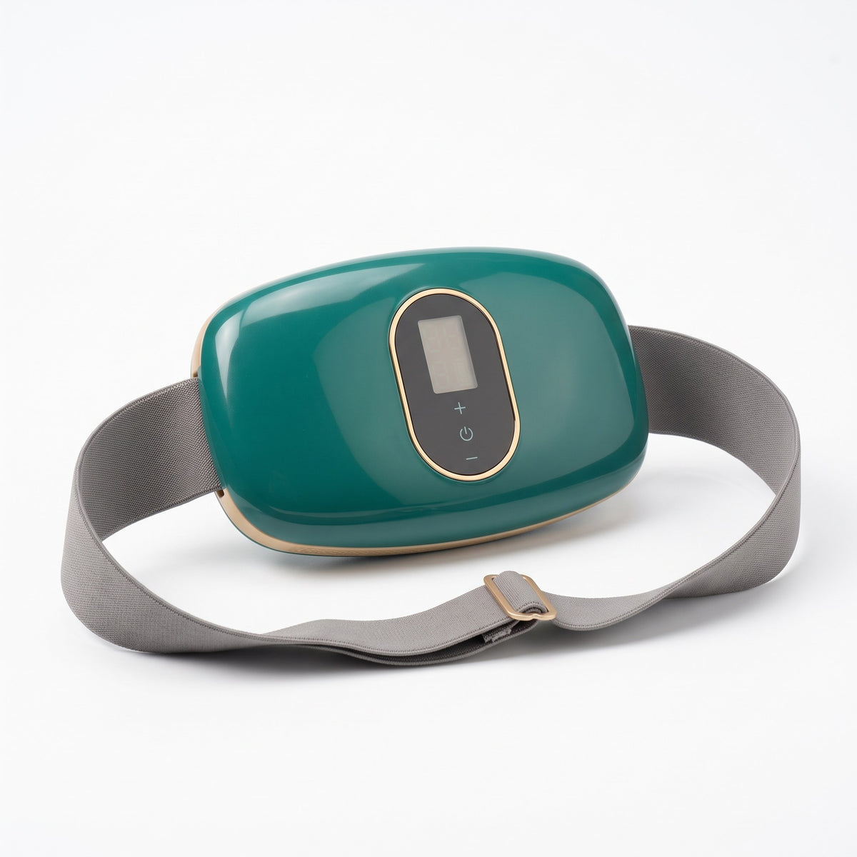 The teal-green waist massager with its adjustable elastic strap