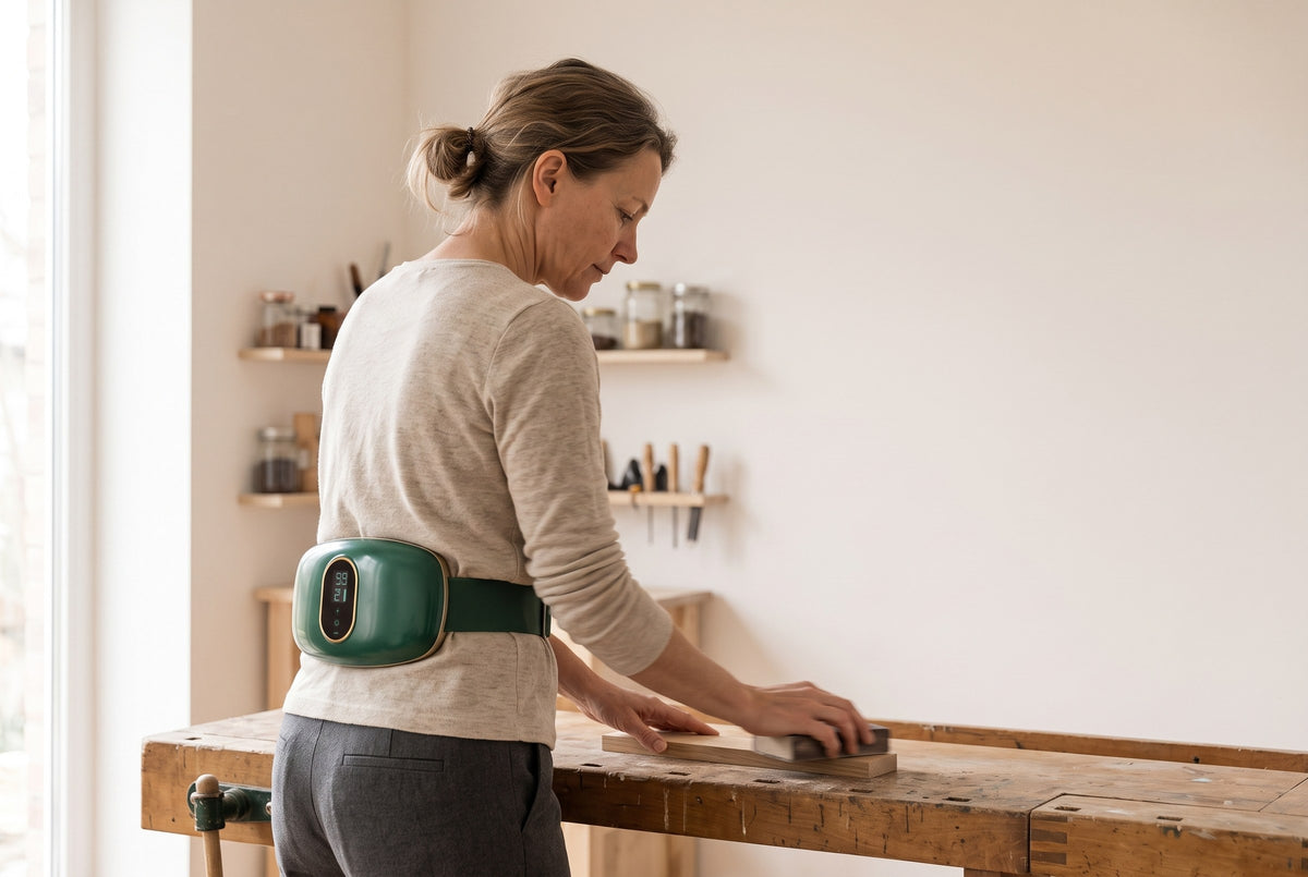 Woman working at a bench while wearing the teal-green waist massager