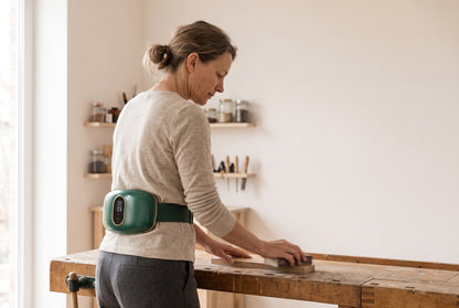 Woman working at a bench while wearing the teal-green waist massager