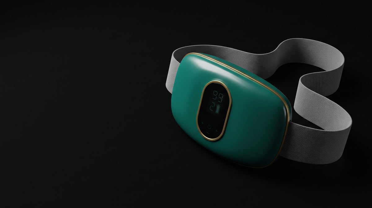 The teal-green waist massager lit against a black background